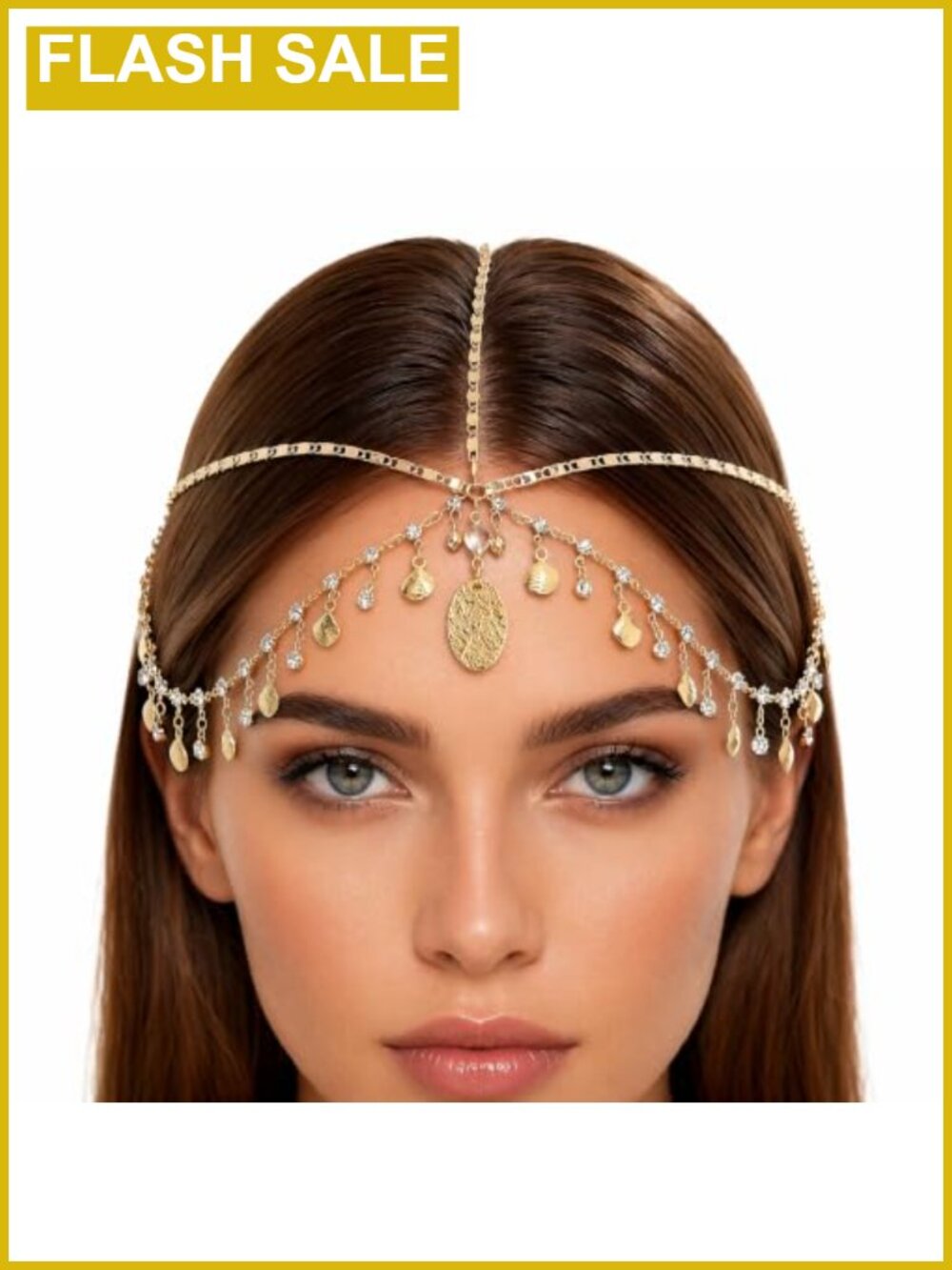 Gold Head Chain Egyptian Headpiece Rhinestone Shell Boho Goddess Hair Jewelry